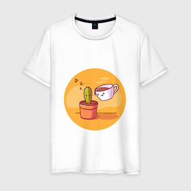Мужская футболка хлопок с принтом Кофе и Кактус в Екатеринбурге, 100% хлопок | прямой крой, круглый вырез горловины, длина до линии бедер, слегка спущенное плечо. | кактус | кофе | мило | спит
