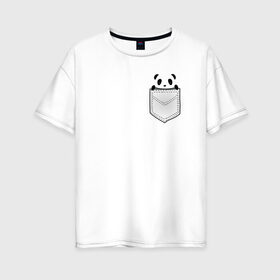 Женская футболка хлопок Oversize с принтом Панда В Кармане в Екатеринбурге, 100% хлопок | свободный крой, круглый ворот, спущенный рукав, длина до линии бедер
 | animals | beats | head | panda | pocket | в кармане | голова | животные | звери | лапки | любовь | панда