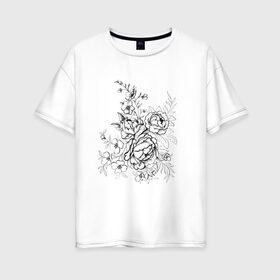 Женская футболка хлопок Oversize с принтом Графика тату в Екатеринбурге, 100% хлопок | свободный крой, круглый ворот, спущенный рукав, длина до линии бедер
 | монохром | пион | розы | татуировка | цветы