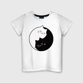 Детская футболка хлопок с принтом Yin and Yang cats в Екатеринбурге, 100% хлопок | круглый вырез горловины, полуприлегающий силуэт, длина до линии бедер | anime | cat | cats | kitten | love | philosophy | yang | yin | yoga | аниме | инь | йога | кот | котенок | котик | котики | коты | любовь | противоположность | сердце | философия | ян