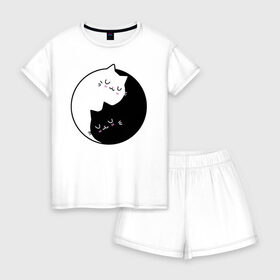 Женская пижама с шортиками хлопок с принтом Yin and Yang cats в Екатеринбурге, 100% хлопок | футболка прямого кроя, шорты свободные с широкой мягкой резинкой | anime | cat | cats | kitten | love | philosophy | yang | yin | yoga | аниме | инь | йога | кот | котенок | котик | котики | коты | любовь | противоположность | сердце | философия | ян