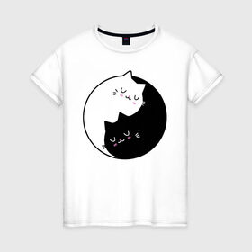 Женская футболка хлопок с принтом Yin and Yang cats в Екатеринбурге, 100% хлопок | прямой крой, круглый вырез горловины, длина до линии бедер, слегка спущенное плечо | anime | cat | cats | kitten | love | philosophy | yang | yin | yoga | аниме | инь | йога | кот | котенок | котик | котики | коты | любовь | противоположность | сердце | философия | ян