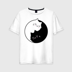 Женская футболка хлопок Oversize с принтом Yin and Yang cats в Екатеринбурге, 100% хлопок | свободный крой, круглый ворот, спущенный рукав, длина до линии бедер
 | anime | cat | cats | kitten | love | philosophy | yang | yin | yoga | аниме | инь | йога | кот | котенок | котик | котики | коты | любовь | противоположность | сердце | философия | ян