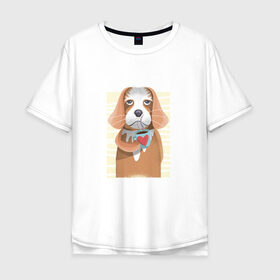 Мужская футболка хлопок Oversize с принтом Собака с кофе в Екатеринбурге, 100% хлопок | свободный крой, круглый ворот, “спинка” длиннее передней части | animal | coffee | dog | pet | животные | кофе | любовь | напиток | пёс | сердце | собака