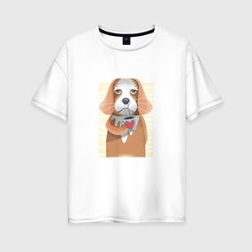 Женская футболка хлопок Oversize с принтом Собака с кофе в Екатеринбурге, 100% хлопок | свободный крой, круглый ворот, спущенный рукав, длина до линии бедер
 | animal | coffee | dog | pet | животные | кофе | любовь | напиток | пёс | сердце | собака