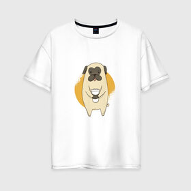 Женская футболка хлопок Oversize с принтом Мопс с кофе в Екатеринбурге, 100% хлопок | свободный крой, круглый ворот, спущенный рукав, длина до линии бедер
 | animal | coffee | cute | drink | morning | pet | pug | животное | кофе | мопс | напиток | собака