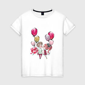 Женская футболка хлопок с принтом Парочка в Екатеринбурге, 100% хлопок | прямой крой, круглый вырез горловины, длина до линии бедер, слегка спущенное плечо | букет цветов | валентин | первый поцелуй | свидание | шары