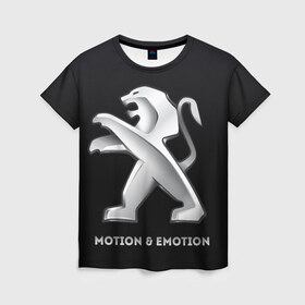 Женская футболка 3D с принтом Motion & Emotion в Екатеринбурге, 100% полиэфир ( синтетическое хлопкоподобное полотно) | прямой крой, круглый вырез горловины, длина до линии бедер | auto | emotion | motion | peugeot | sport | авто | лого | логотип | пежо | пижо | спорт