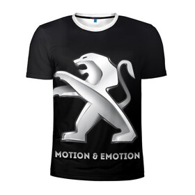 Мужская футболка 3D спортивная с принтом Motion & Emotion в Екатеринбурге, 100% полиэстер с улучшенными характеристиками | приталенный силуэт, круглая горловина, широкие плечи, сужается к линии бедра | Тематика изображения на принте: auto | emotion | motion | peugeot | sport | авто | лого | логотип | пежо | пижо | спорт