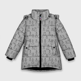 Зимняя куртка для девочек 3D с принтом шахматы в Екатеринбурге, ткань верха — 100% полиэстер; подклад — 100% полиэстер, утеплитель — 100% полиэстер. | длина ниже бедра, удлиненная спинка, воротник стойка и отстегивающийся капюшон. Есть боковые карманы с листочкой на кнопках, утяжки по низу изделия и внутренний карман на молнии. 

Предусмотрены светоотражающий принт на спинке, радужный светоотражающий элемент на пуллере молнии и на резинке для утяжки. | Тематика изображения на принте: bishop | chess pieces | game | king | knight | pattern | pawn | queen | rook | sport | texture | король | ладья | паттерн | пешка | текстура | ферзь | шахматные фигуры