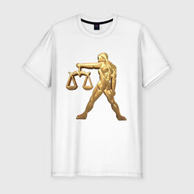 Мужская футболка хлопок Slim с принтом Весы в Екатеринбурге, 92% хлопок, 8% лайкра | приталенный силуэт, круглый вырез ворота, длина до линии бедра, короткий рукав | libra | zodiac signs | весы | знаки зодиака | золотой рисунок
