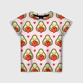 Детская футболка 3D с принтом Love Avocado в Екатеринбурге, 100% гипоаллергенный полиэфир | прямой крой, круглый вырез горловины, длина до линии бедер, чуть спущенное плечо, ткань немного тянется | 14 февраля | love | авокадо | вкусняшка | день святого валентина | еда | любовь | паттерн | сердечко