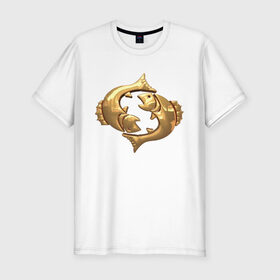 Мужская футболка хлопок Slim с принтом Рыбы в Екатеринбурге, 92% хлопок, 8% лайкра | приталенный силуэт, круглый вырез ворота, длина до линии бедра, короткий рукав | fish | zodiac signs | знаки зодиака | золотой рисунок | рыбы