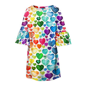 Детское платье 3D с принтом Радужные сердечки в Екатеринбурге, 100% полиэстер | прямой силуэт, чуть расширенный к низу. Круглая горловина, на рукавах — воланы | Тематика изображения на принте: 8 марта | love | девочки | женская | любовь | подружке | сердечки