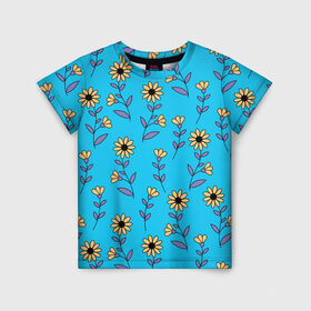 Детская футболка 3D с принтом Желтые цветы на голубом фоне в Екатеринбурге, 100% гипоаллергенный полиэфир | прямой крой, круглый вырез горловины, длина до линии бедер, чуть спущенное плечо, ткань немного тянется | 8 марта | flowers | summer | ботаническая иллюстрация | весна | желтый | лето | любовь | подсолнухи | праздник | принт | природа | растения | фиолетовый | цветы