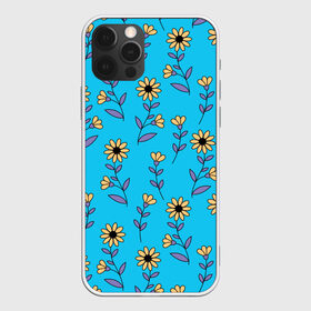 Чехол для iPhone 12 Pro Max с принтом Желтые цветы на голубом фоне в Екатеринбурге, Силикон |  | 8 марта | flowers | summer | ботаническая иллюстрация | весна | желтый | лето | любовь | подсолнухи | праздник | принт | природа | растения | фиолетовый | цветы