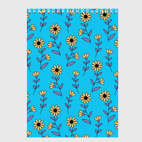 Скетчбук с принтом Желтые цветы на голубом фоне в Екатеринбурге, 100% бумага
 | 48 листов, плотность листов — 100 г/м2, плотность картонной обложки — 250 г/м2. Листы скреплены сверху удобной пружинной спиралью | 8 марта | flowers | summer | ботаническая иллюстрация | весна | желтый | лето | любовь | подсолнухи | праздник | принт | природа | растения | фиолетовый | цветы