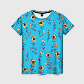 Женская футболка 3D с принтом Желтые цветы на голубом фоне в Екатеринбурге, 100% полиэфир ( синтетическое хлопкоподобное полотно) | прямой крой, круглый вырез горловины, длина до линии бедер | 8 марта | flowers | summer | ботаническая иллюстрация | весна | желтый | лето | любовь | подсолнухи | праздник | принт | природа | растения | фиолетовый | цветы