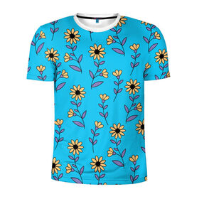 Мужская футболка 3D спортивная с принтом Желтые цветы на голубом фоне в Екатеринбурге, 100% полиэстер с улучшенными характеристиками | приталенный силуэт, круглая горловина, широкие плечи, сужается к линии бедра | 8 марта | flowers | summer | ботаническая иллюстрация | весна | желтый | лето | любовь | подсолнухи | праздник | принт | природа | растения | фиолетовый | цветы