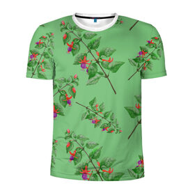 Мужская футболка 3D спортивная с принтом Фуксии на светло зеленом фоне в Екатеринбурге, 100% полиэстер с улучшенными характеристиками | приталенный силуэт, круглая горловина, широкие плечи, сужается к линии бедра | 8 марта | flowers | summer | ботаническая иллюстрация | весна | зеленый | красный | лето | любовь | праздник | принт | природа | растения | фиолетовый | фуксия | цветы