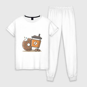 Женская пижама хлопок с принтом Сладкая жизнь в Екатеринбурге, 100% хлопок | брюки и футболка прямого кроя, без карманов, на брюках мягкая резинка на поясе и по низу штанин | coffee | вкусняшки | кофе | пончик | сладости