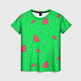 Женская футболка 3D с принтом Тюльпаны на салатовом фоне в Екатеринбурге, 100% полиэфир ( синтетическое хлопкоподобное полотно) | прямой крой, круглый вырез горловины, длина до линии бедер | 8 марта | flowers | summer | ботаническая иллюстрация | весна | зеленый | красный | лето | листья | любовь | праздник | принт | природа | растения | салатовый | тюльпаны | цветы
