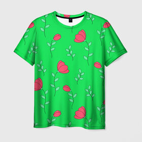 Мужская футболка 3D с принтом Тюльпаны на салатовом фоне в Екатеринбурге, 100% полиэфир | прямой крой, круглый вырез горловины, длина до линии бедер | Тематика изображения на принте: 8 марта | flowers | summer | ботаническая иллюстрация | весна | зеленый | красный | лето | листья | любовь | праздник | принт | природа | растения | салатовый | тюльпаны | цветы