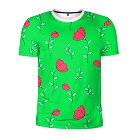 Мужская футболка 3D спортивная с принтом Тюльпаны на салатовом фоне в Екатеринбурге, 100% полиэстер с улучшенными характеристиками | приталенный силуэт, круглая горловина, широкие плечи, сужается к линии бедра | 8 марта | flowers | summer | ботаническая иллюстрация | весна | зеленый | красный | лето | листья | любовь | праздник | принт | природа | растения | салатовый | тюльпаны | цветы
