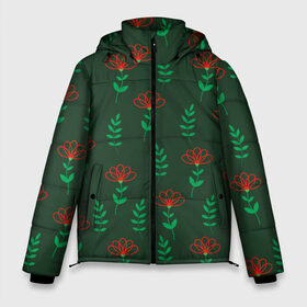 Мужская зимняя куртка 3D с принтом Цветочки и зеленые листики в Екатеринбурге, верх — 100% полиэстер; подкладка — 100% полиэстер; утеплитель — 100% полиэстер | длина ниже бедра, свободный силуэт Оверсайз. Есть воротник-стойка, отстегивающийся капюшон и ветрозащитная планка. 

Боковые карманы с листочкой на кнопках и внутренний карман на молнии. | Тематика изображения на принте: 8 марта | flowers | summer | ботаническая иллюстрация | весна | зеленый | красный | лето | листья | любовь | праздник | принт | природа | растения | цветы