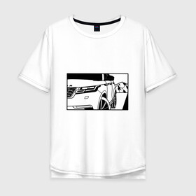 Мужская футболка хлопок Oversize с принтом Range Rover Evoque Черно-белый в Екатеринбурге, 100% хлопок | свободный крой, круглый ворот, “спинка” длиннее передней части | Тематика изображения на принте: range rover evoque | горы | дорога | иллюстрация | колеса | машина | фары | черно белый
