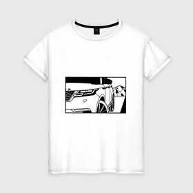 Женская футболка хлопок с принтом Range Rover Evoque Черно-белый в Екатеринбурге, 100% хлопок | прямой крой, круглый вырез горловины, длина до линии бедер, слегка спущенное плечо | range rover evoque | горы | дорога | иллюстрация | колеса | машина | фары | черно белый