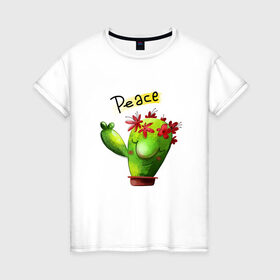 Женская футболка хлопок с принтом Кактус в Екатеринбурге, 100% хлопок | прямой крой, круглый вырез горловины, длина до линии бедер, слегка спущенное плечо | вачка | иголки | мир | праздник | растения | семья | хиппи | цветы