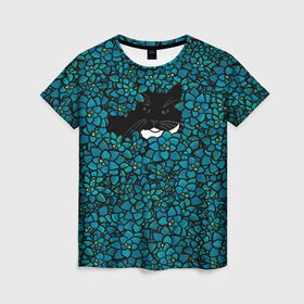 Женская футболка 3D с принтом Чёрная киса в Екатеринбурге, 100% полиэфир ( синтетическое хлопкоподобное полотно) | прямой крой, круглый вырез горловины, длина до линии бедер | домашние животные | звери | киса | кисуля | кот | коты | кошка | кошки | синяя | цветочки | цветы | черный кот