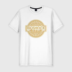 Мужская футболка хлопок Slim с принтом Bioshock Golden Logo в Екатеринбурге, 92% хлопок, 8% лайкра | приталенный силуэт, круглый вырез ворота, длина до линии бедра, короткий рукав | bioshock infinite | little sister | биошок | большой папочка | винтаж | ретро | сестра