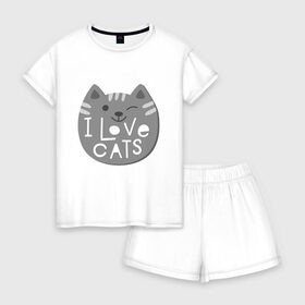 Женская пижама с шортиками хлопок с принтом I love cats в Екатеринбурге, 100% хлопок | футболка прямого кроя, шорты свободные с широкой мягкой резинкой | animal | cat | i love cats | животное | зверь | кот | кошка | надписи | я люблю кошек