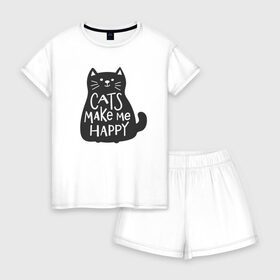 Женская пижама с шортиками хлопок с принтом Cat make me happy в Екатеринбурге, 100% хлопок | футболка прямого кроя, шорты свободные с широкой мягкой резинкой | Тематика изображения на принте: animal | cat | cat make me happy | животное | зверь | кот | кот делает меня счастливым | кошка | надписи