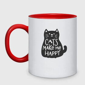 Кружка двухцветная с принтом Cat make me happy в Екатеринбурге, керамика | объем — 330 мл, диаметр — 80 мм. Цветная ручка и кайма сверху, в некоторых цветах — вся внутренняя часть | animal | cat | cat make me happy | животное | зверь | кот | кот делает меня счастливым | кошка | надписи