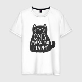 Мужская футболка хлопок с принтом Cat make me happy в Екатеринбурге, 100% хлопок | прямой крой, круглый вырез горловины, длина до линии бедер, слегка спущенное плечо. | Тематика изображения на принте: animal | cat | cat make me happy | животное | зверь | кот | кот делает меня счастливым | кошка | надписи