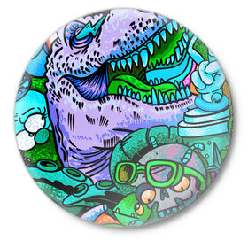 Значок с принтом Рекс динозавр в Екатеринбурге,  металл | круглая форма, металлическая застежка в виде булавки | динозавры | инопланетянин | космос | монстры | существа | тираннозавр