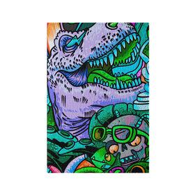 Обложка для паспорта матовая кожа с принтом Рекс динозавр в Екатеринбурге, натуральная матовая кожа | размер 19,3 х 13,7 см; прозрачные пластиковые крепления | Тематика изображения на принте: динозавры | инопланетянин | космос | монстры | существа | тираннозавр