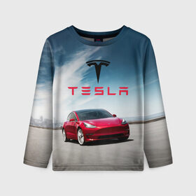 Детский лонгслив 3D с принтом Tesla Model 3 в Екатеринбурге, 100% полиэстер | длинные рукава, круглый вырез горловины, полуприлегающий силуэт
 | Тематика изображения на принте: 3 | america | auto | car | electric | elon | model | motors | musk | tesla | usa | vehicle | авто | америка | илон | маск | модель | сша | тесла | электромобиль