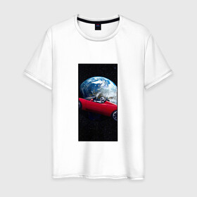 Мужская футболка хлопок с принтом Тесла в космосе в Екатеринбурге, 100% хлопок | прямой крой, круглый вырез горловины, длина до линии бедер, слегка спущенное плечо. | Тематика изображения на принте: звезды | земля | космонавт | космос | красный | машина | облака | тесла