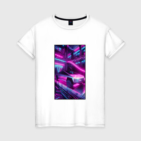 Женская футболка хлопок с принтом Кибертрак тесла в гараже в Екатеринбурге, 100% хлопок | прямой крой, круглый вырез горловины, длина до линии бедер, слегка спущенное плечо | гараж | иллюстрация | киберпанк | кибертрак | логотип | машина | разноцветный | розовый | темный | тесла