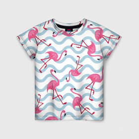 Детская футболка 3D с принтом Фламинго | Волны в Екатеринбурге, 100% гипоаллергенный полиэфир | прямой крой, круглый вырез горловины, длина до линии бедер, чуть спущенное плечо, ткань немного тянется | birds | drawing | fashion | feathers | flamingo | graphics | illustration | pink | stand | style | wings | youth | графика | иллюстрация | картинка | клюв | красивые | крылья | мода | молодежная | перья | птицы | рисунок | розовый | стиль | стоят