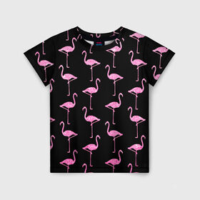 Детская футболка 3D с принтом Фламинго | Чёрная в Екатеринбурге, 100% гипоаллергенный полиэфир | прямой крой, круглый вырез горловины, длина до линии бедер, чуть спущенное плечо, ткань немного тянется | birds | drawing | fashion | feathers | flamingo | graphics | illustration | pink | stand | style | wings | youth | графика | иллюстрация | картинка | клюв | красивые | крылья | мода | молодежная | перья | птицы | рисунок | розовый | стиль | стоят