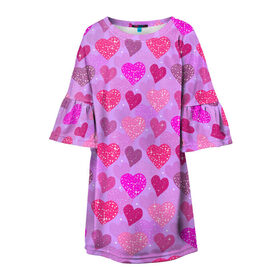 Детское платье 3D с принтом Розовые сердечки в Екатеринбурге, 100% полиэстер | прямой силуэт, чуть расширенный к низу. Круглая горловина, на рукавах — воланы | Тематика изображения на принте: 14 февраля | 8 марта | love | девочки | день святого валентина | женская | любовь | подружке | сердечки