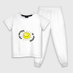 Детская пижама хлопок с принтом твоя природа уникальнная в Екатеринбурге, 100% хлопок |  брюки и футболка прямого кроя, без карманов, на брюках мягкая резинка на поясе и по низу штанин
 | Тематика изображения на принте: лучи | надпись | солнце | текст | цвет