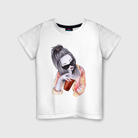Детская футболка хлопок с принтом Девушка в Екатеринбурге, 100% хлопок | круглый вырез горловины, полуприлегающий силуэт, длина до линии бедер | Тематика изображения на принте: жить в кайф | иллюстрация | кофейня | очки