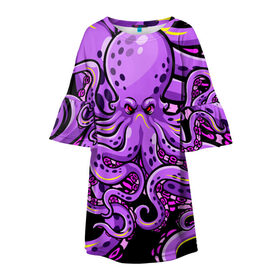 Детское платье 3D с принтом Кровожадный осьминог в Екатеринбурге, 100% полиэстер | прямой силуэт, чуть расширенный к низу. Круглая горловина, на рукавах — воланы | art | octopus | арт | глаза | голова | животные | красные | монстр | осьминог | щупальца