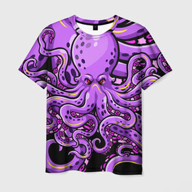 Мужская футболка 3D с принтом Кровожадный осьминог в Екатеринбурге, 100% полиэфир | прямой крой, круглый вырез горловины, длина до линии бедер | Тематика изображения на принте: art | octopus | арт | глаза | голова | животные | красные | монстр | осьминог | щупальца